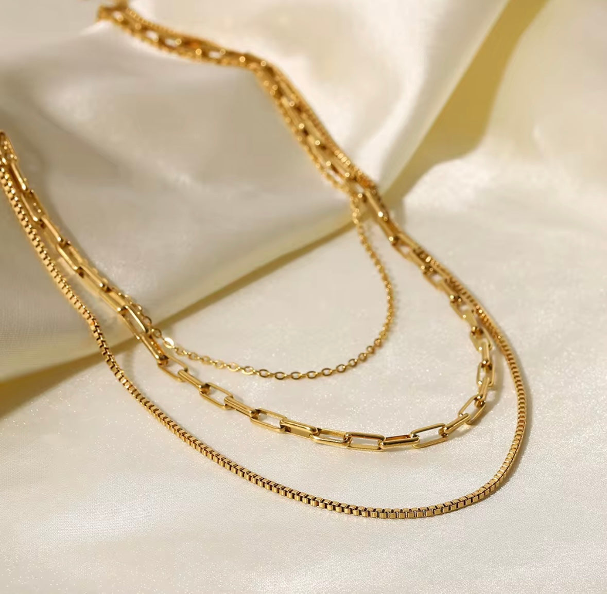 JD Layered Paper Clip Box Chain 3 Necklace