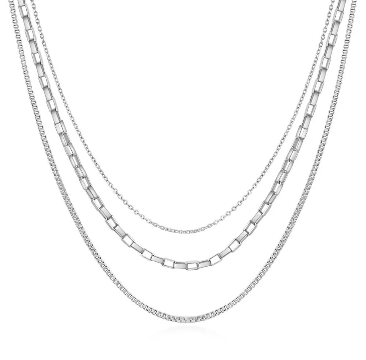 JD Layered Paper Clip Box Chain 3 Necklace