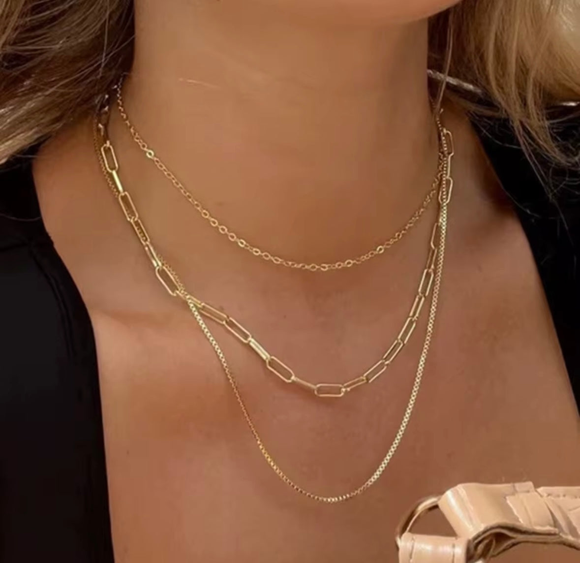 JD Layered Paper Clip Box Chain 3 Necklace