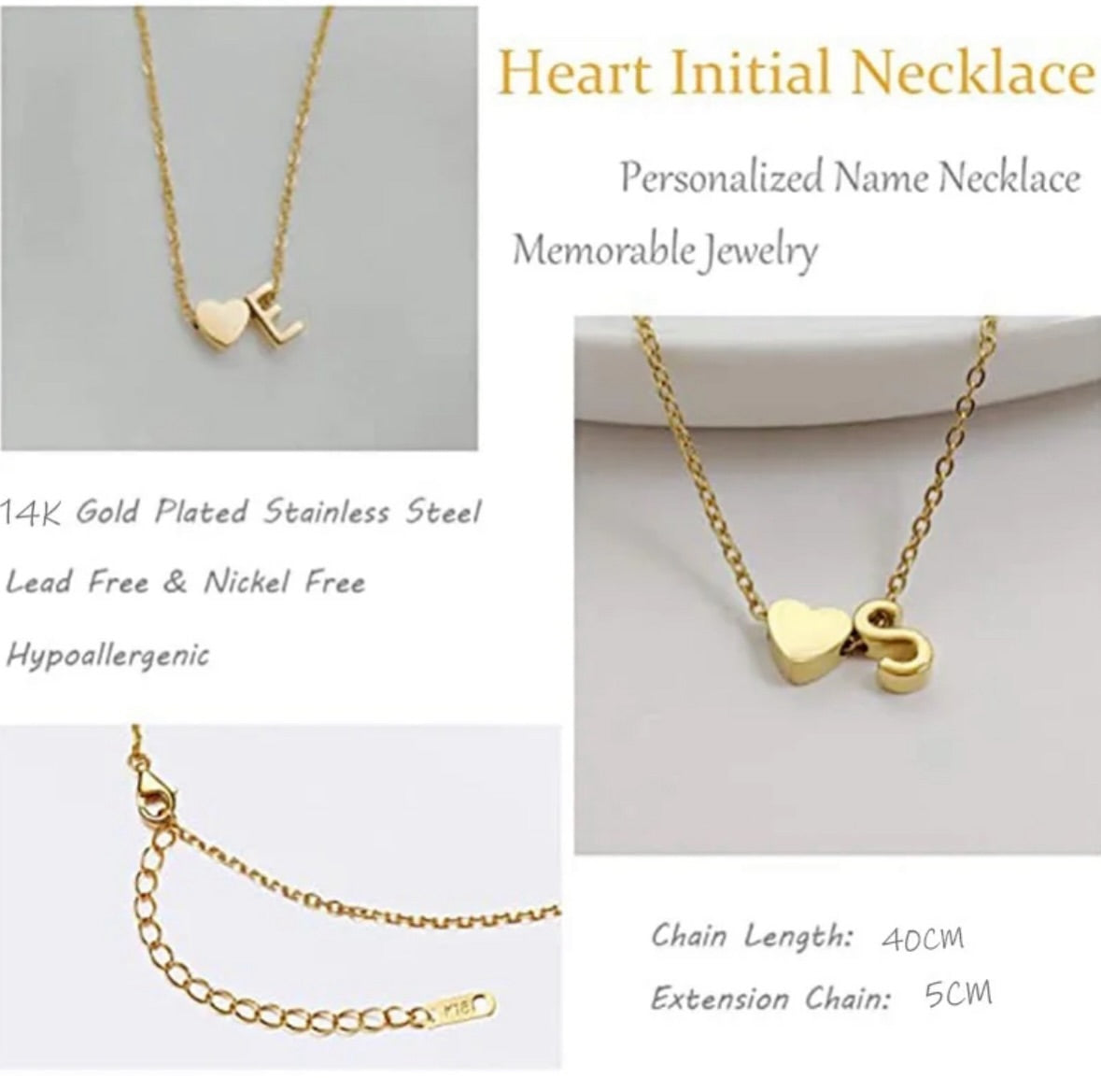 JD 14k Gold Plated Stainless Steel Heart Initial Necklace - GOLD