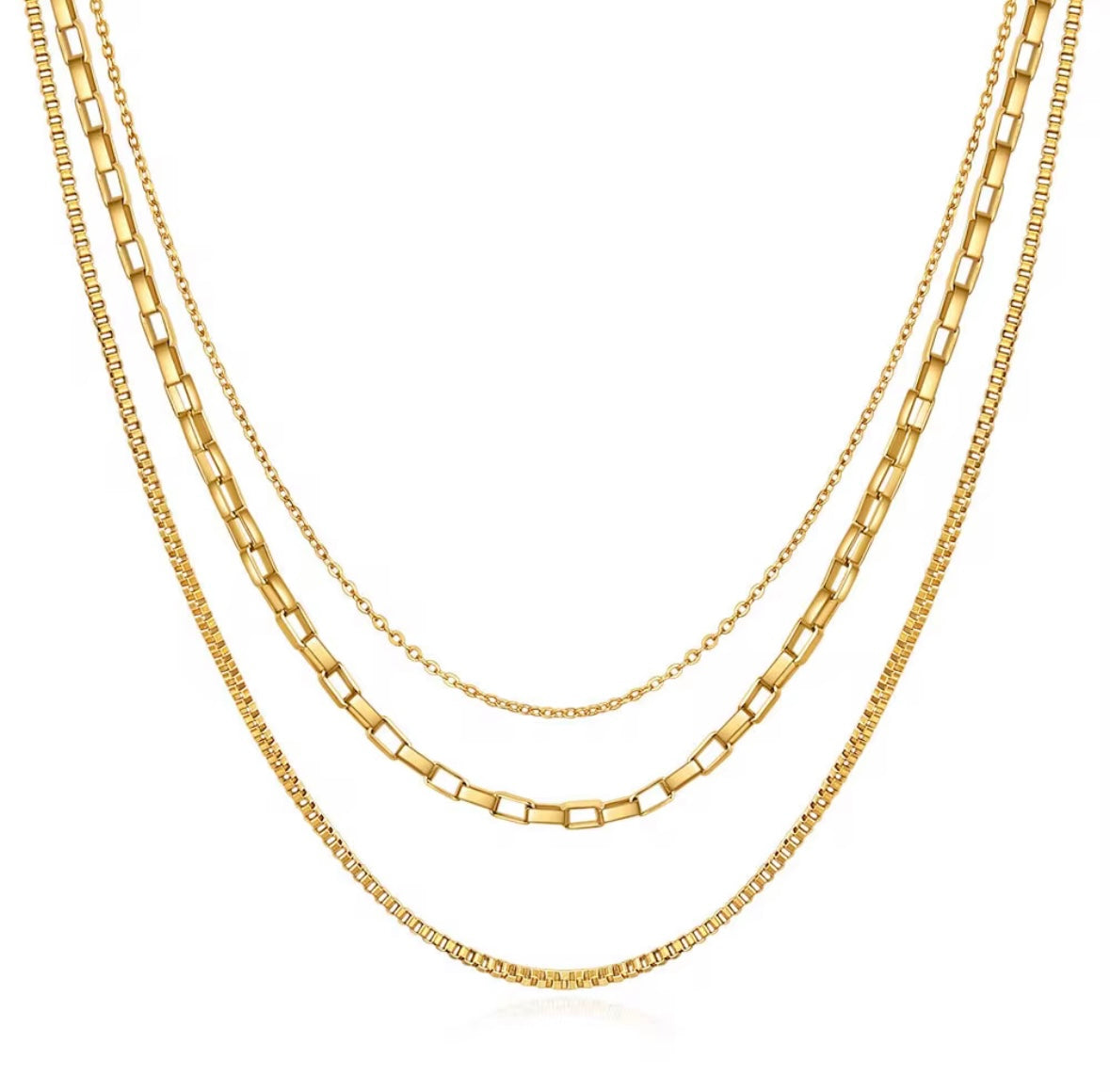 JD Layered Paper Clip Box Chain 3 Necklace