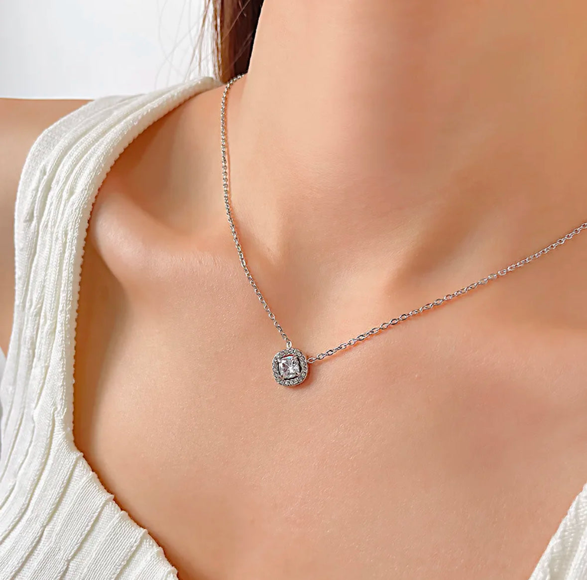 JD Square Zirconia Paved Pendant Necklace