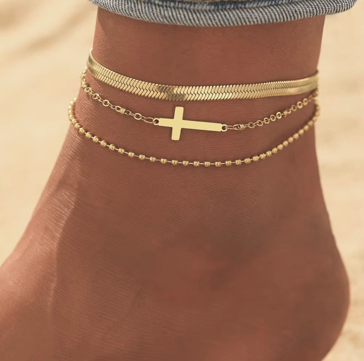 JD’s 3 layer Stackable Cross Anklet